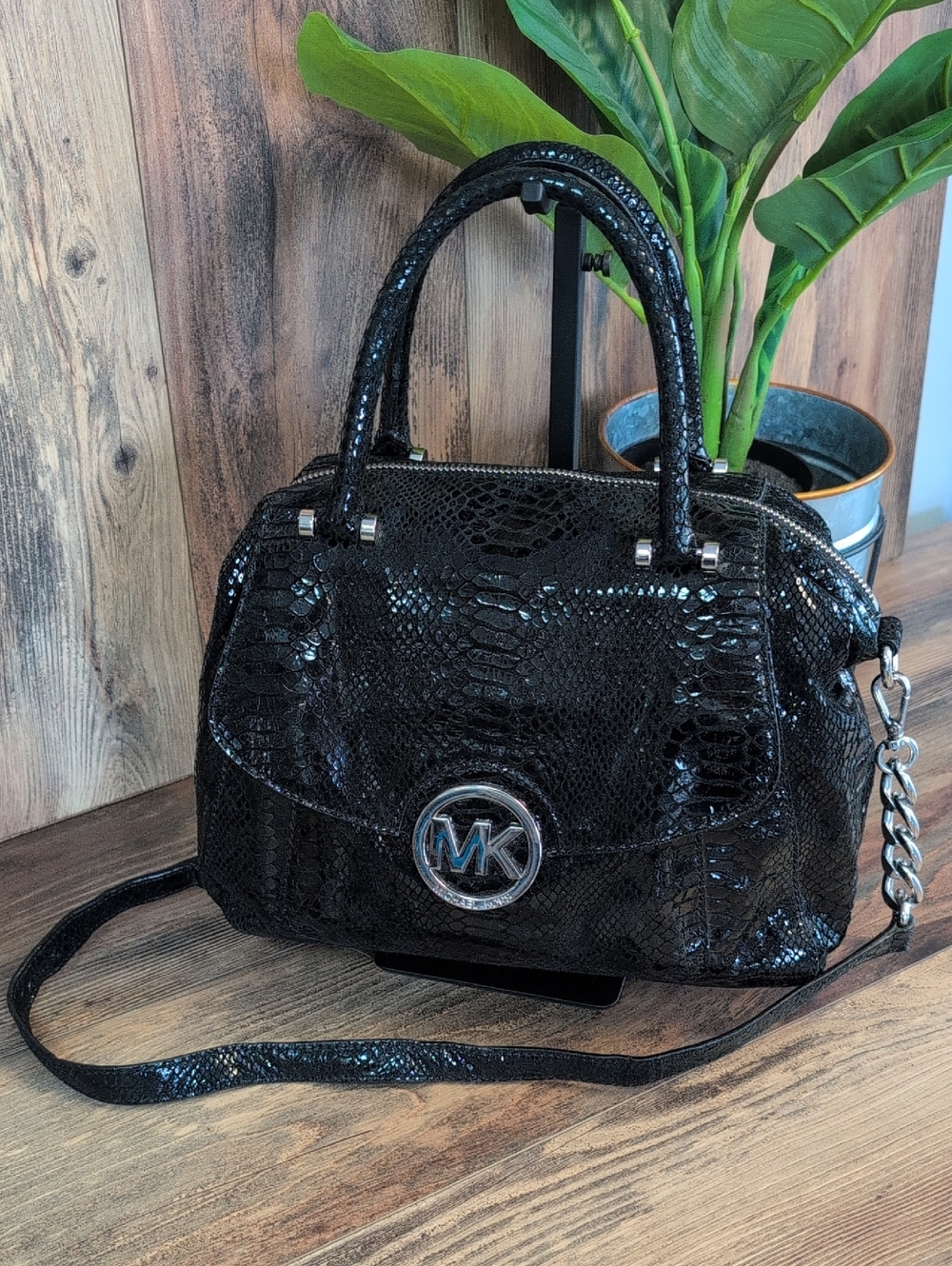 Michael Kors Glossy Snake-Embossed Python Satchel with MK Medallion M478